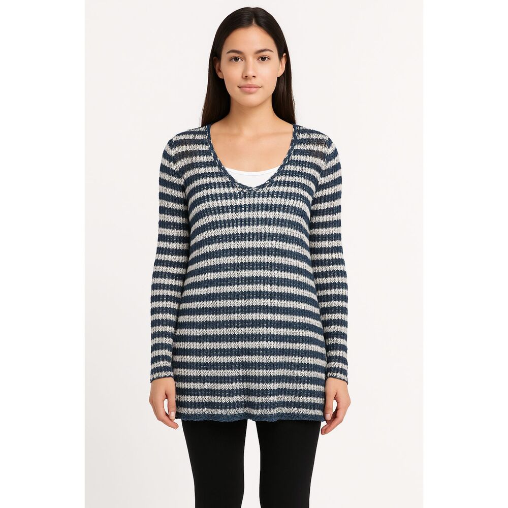 Aqua Blue White Striped Knit Sweater L 100% Cotton Coastal Grandmother Cali